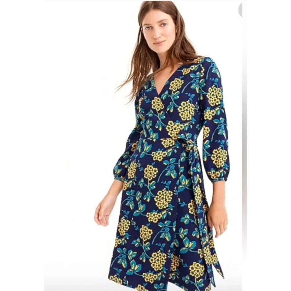 J.Crew Golden Floral‎ Wrap Dress Size 0 Navy Blue Cottagecore Botanical Preppy
